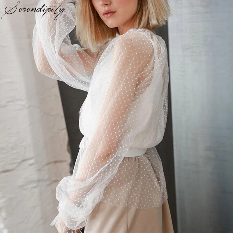 Белая кружевная Прозрачная женская блузка в горошек осенняя Уличная Сексуальная