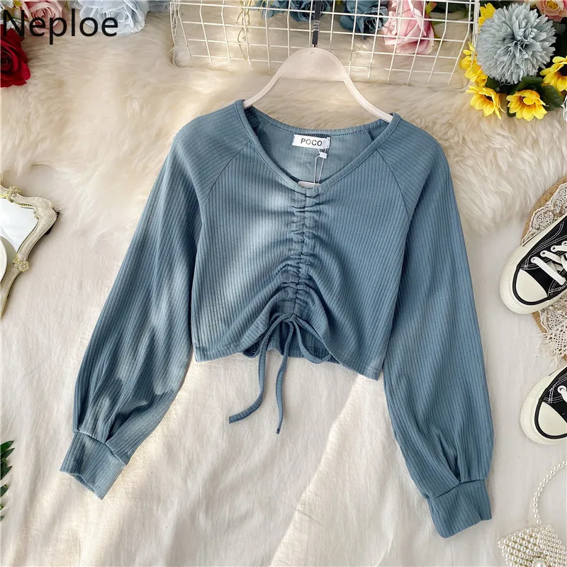 

Sexy V-neck Lantern Sleeve Solid Color Crop Tops Women Elegant Drawstring Bottom Shirt 2021 Slim Pleated Chic Women's Clothing