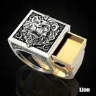 Функциональные ювелирные изделия с выгравированным львом в старинном серебряном цвете с выдвижным ящиком, огромное кольцо для мужчин, искусственное кольцо