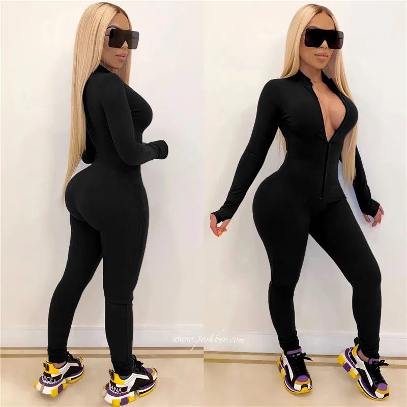 2020 New Style Women Solid Color One Piece Jumpsuit Ladies Zipper Front Long Sleeve Fitness Rompers Playsuits