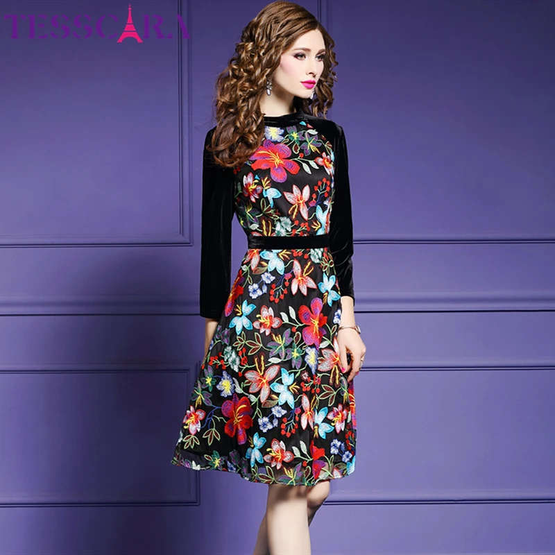 Женское зимнее роскошное Сетчатое платье TESSCARA с цветочной вышивкой женское
