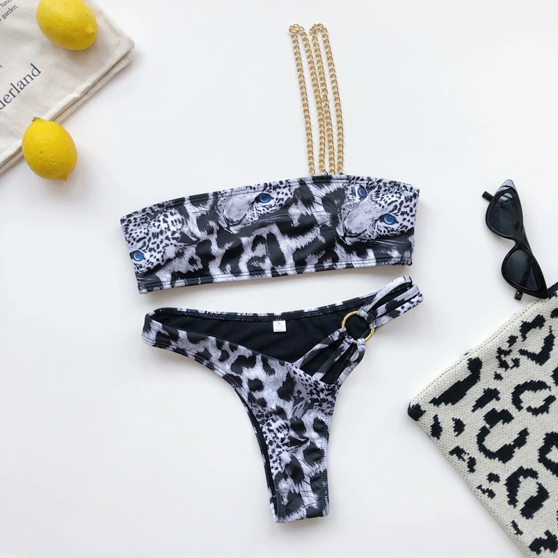 

Sexy Brazilian Thong Bikini Two Piece Swimsuit One Shoulder Metal Chain Swimwear Women Leopard Print Bathing Suit Bathers Suit