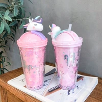 creative unicorn water cups straw type with lids summer large capacity student cute ice cup plastic female cartoon friends gift
