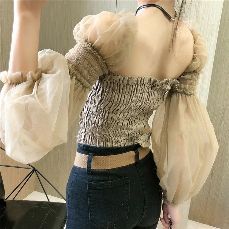 

GVUW Women Patchwork Mesh Pleated T-shirt Square Collar Long Sleeve Female Fashion Tide Spring Summer 2021 New Arrivals 20D1561