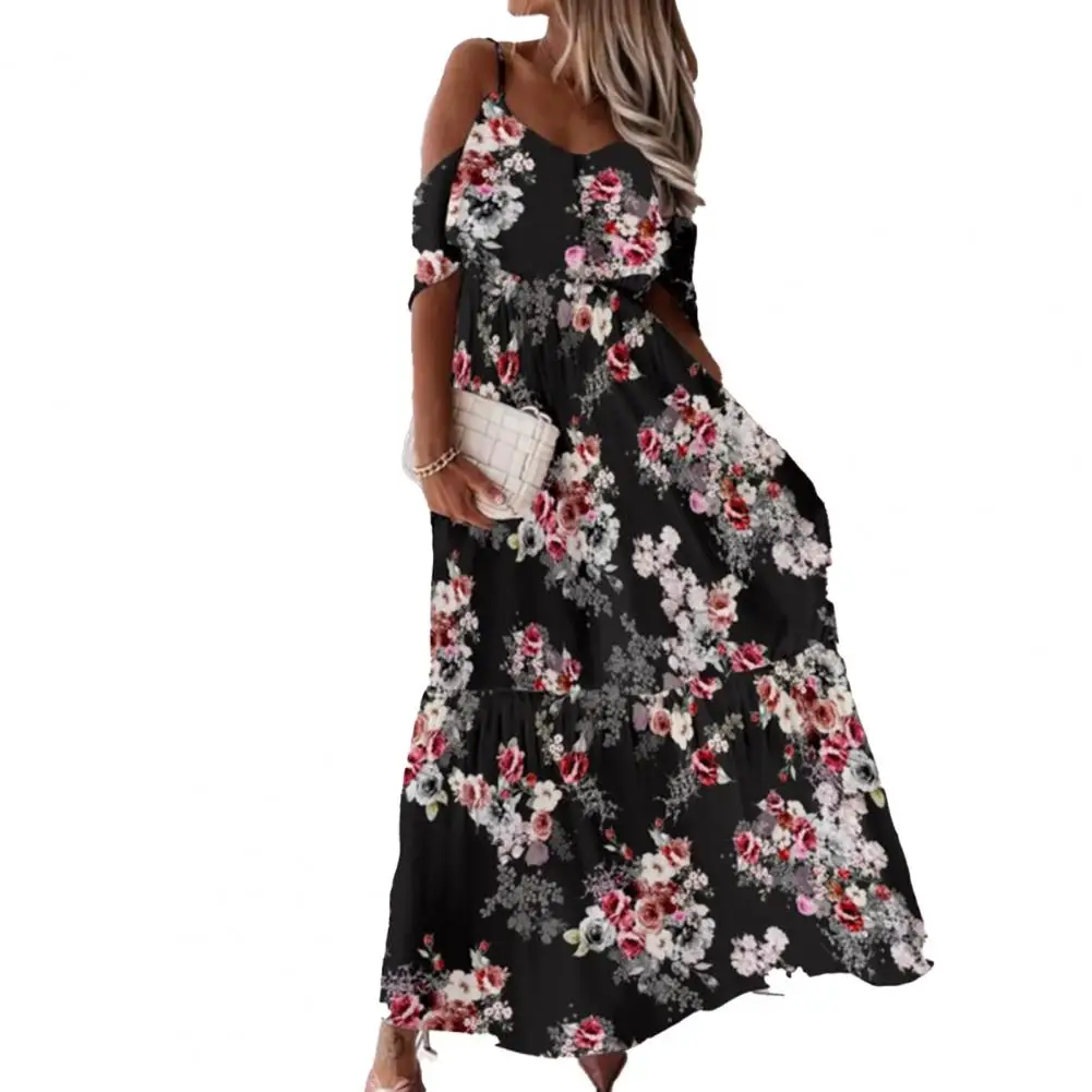 

Summer Women Dress Low Cut Cold Shoulder Short Sleeves Floral Print Bohemian Elegant Maxi Dress Sundress Cocktail Party