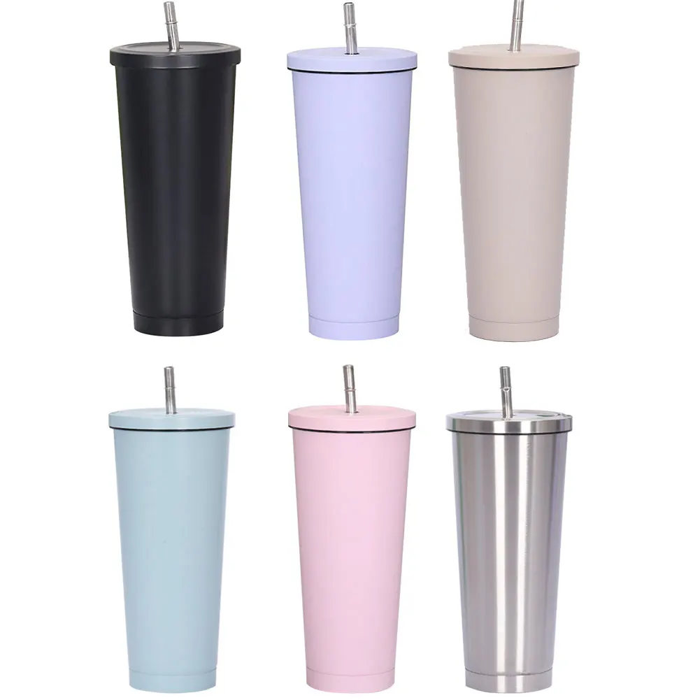 

New Hot Sale 750ML Stainless Steel Straw Cup Large Capacity Vacuum Solid Color Coffee Mug Tumbler Cup With Straw Leakproof Lid