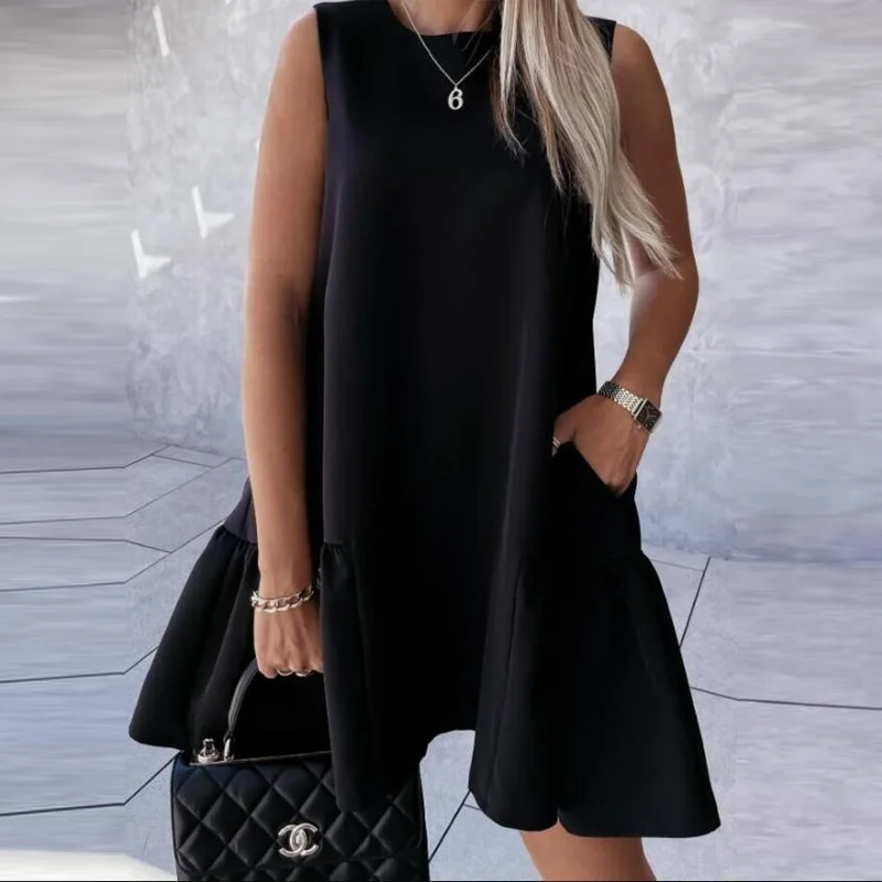 

2021 Summer Street Casual Loose Sleeveless Solid Color Ruffle Dress Ladies Elegant O-Neck Pocket Mini Dress