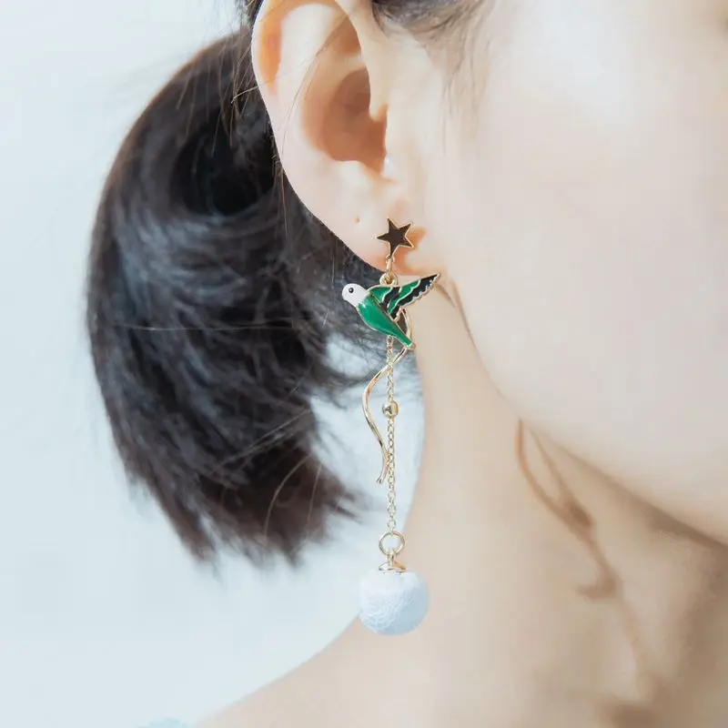 

New Drip-glazed Bird Asymmetric Metal Earrings Temperament Women's Fashion All-match Earrings Personalized Jewelry