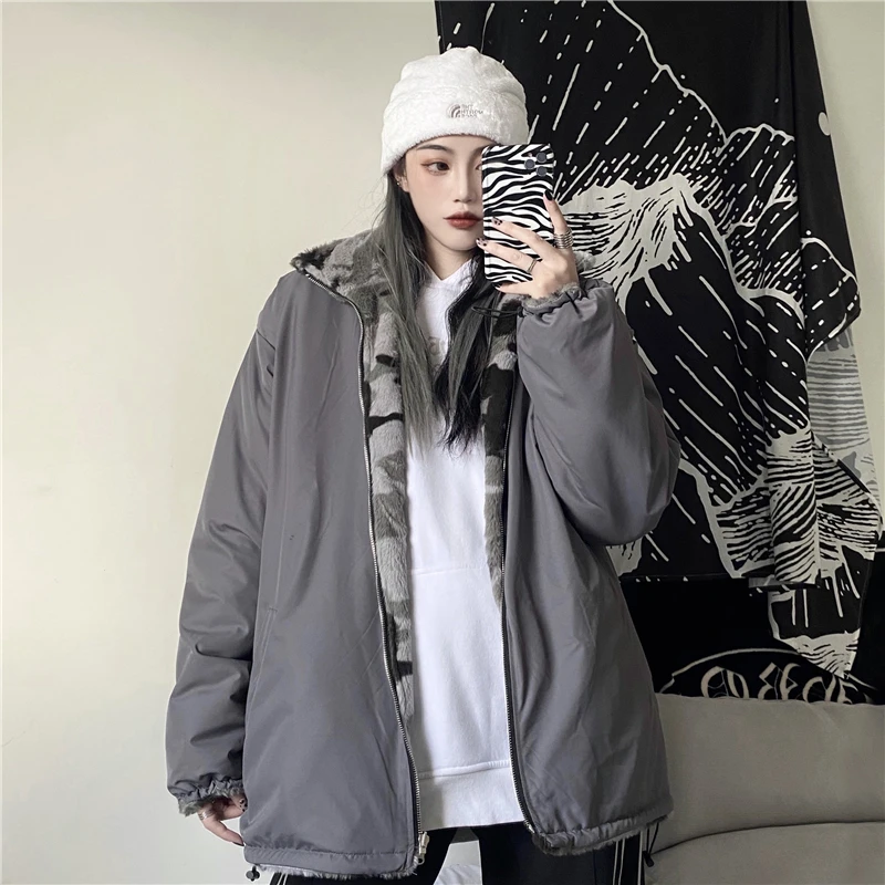 

Осенне-зимнее камуфляжное пальто из овечьей шерсти, утепленная Двусторонняя одежда, свободная куртка в стиле Харадзюку, пуховик женский, 2020