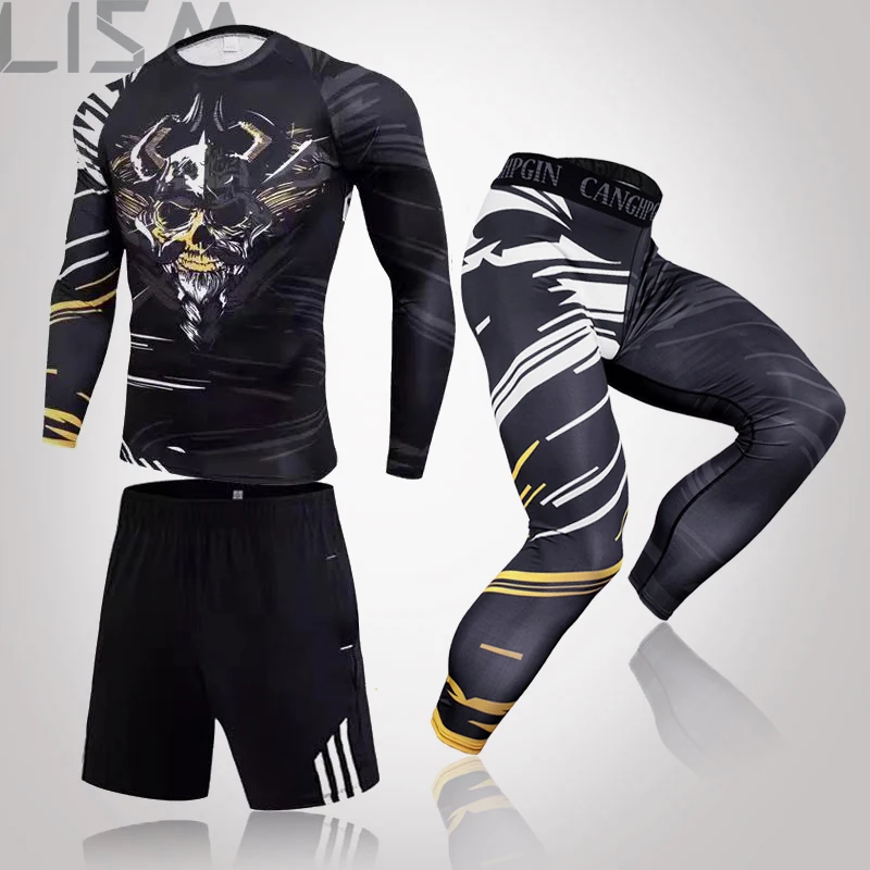 

MMA 3-Piece Men's Workout Sportswear Gym Fitness Compression Clothing Running Jogging Sportswear Sports Protective Leggings Set