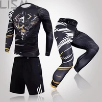 mma 3 piece mens workout sportswear gym fitness compression clothing running jogging sportswear sports protective leggings set