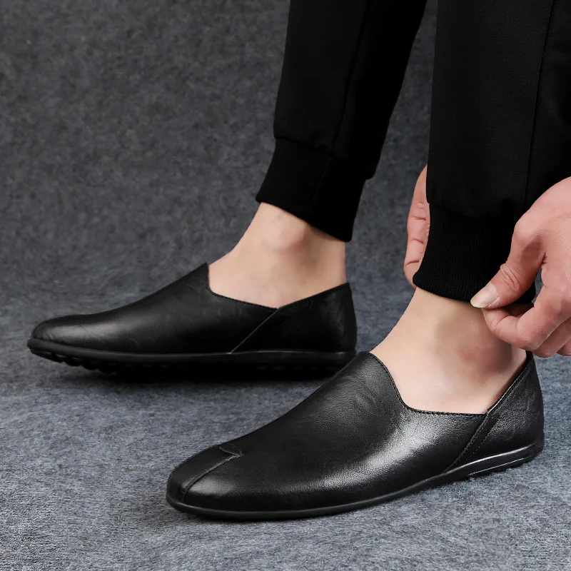 

New Men Leather Shoes Casual Breathable Slip-on Mens Loafers Black Business Shoes Soft Driving Shoes Big Size Summer Men Shoes
