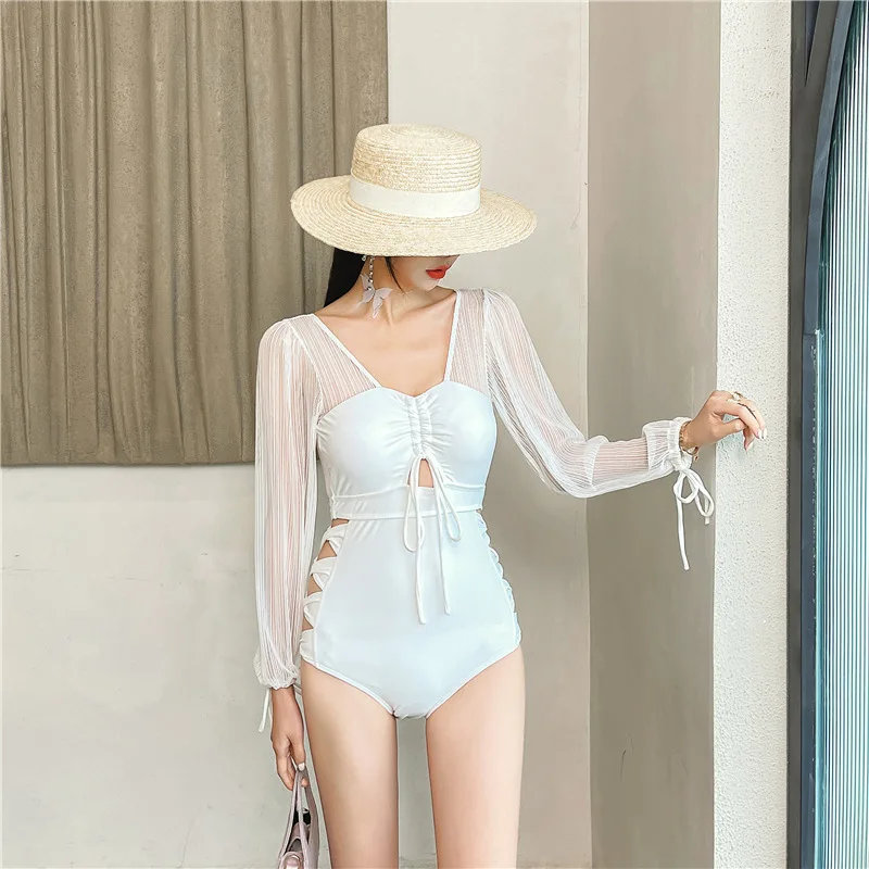 

One Piece Swimsuit Women Summer Clothes 2021 Push Up Plus Size Bathing Suit New Long Sleeve Lace Sexy Backless Japan Korea High