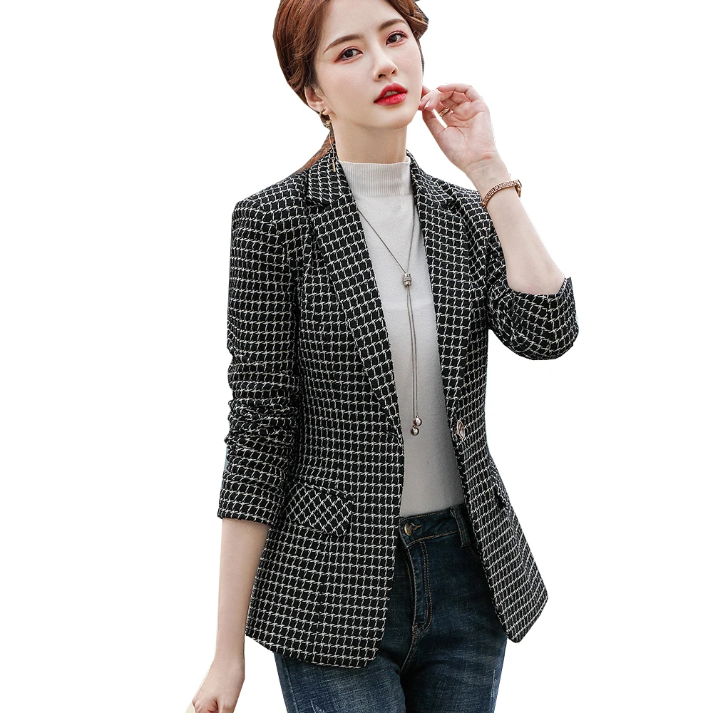 

Fashion Woman White Black Plaid Blazer Coat for Spring Autumn Winter Female Outwear Casual Single Button Jackets Woman Jacket