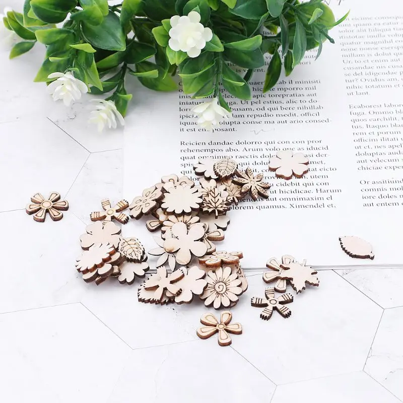 

100pcs Cut Wood Flowers and leaves Embellishment Wooden Shape Craft Wedding Decor D0AC