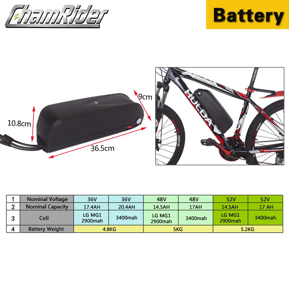 Комплект электрического велосипеда Chamrider 250W 350W 36V 48V 52V Hailong battery 17AH 20AH