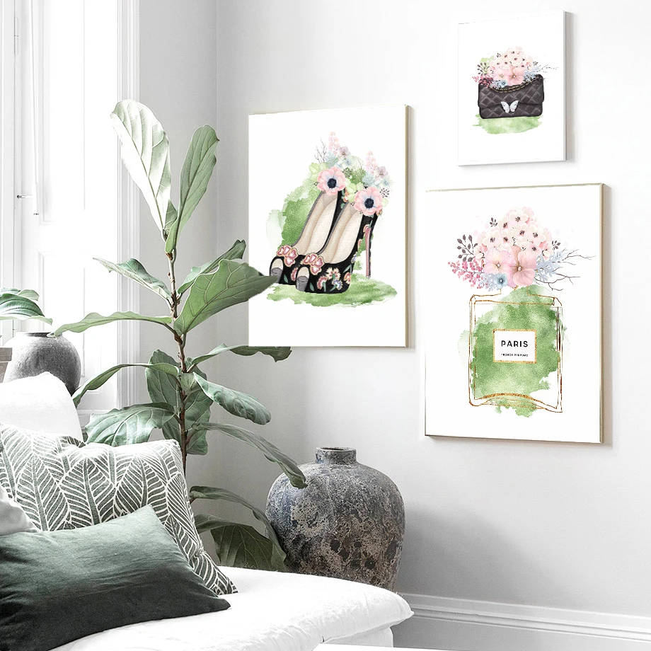 

Flower Perfume Fashion High Heels Canvas Painting Luxury Bag Poster and Print Wall Art Picture Modern Girl Woman Room Decoration