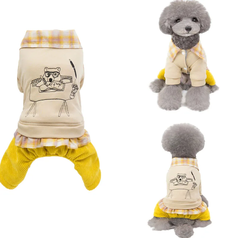 

Pet Dog Jumpsuit Winter Dog Clothes Cute Pattern Chiffons Warm Coat Overalls Plaid Lapel Jacket Corduroy Pants For Chihuahua Pug