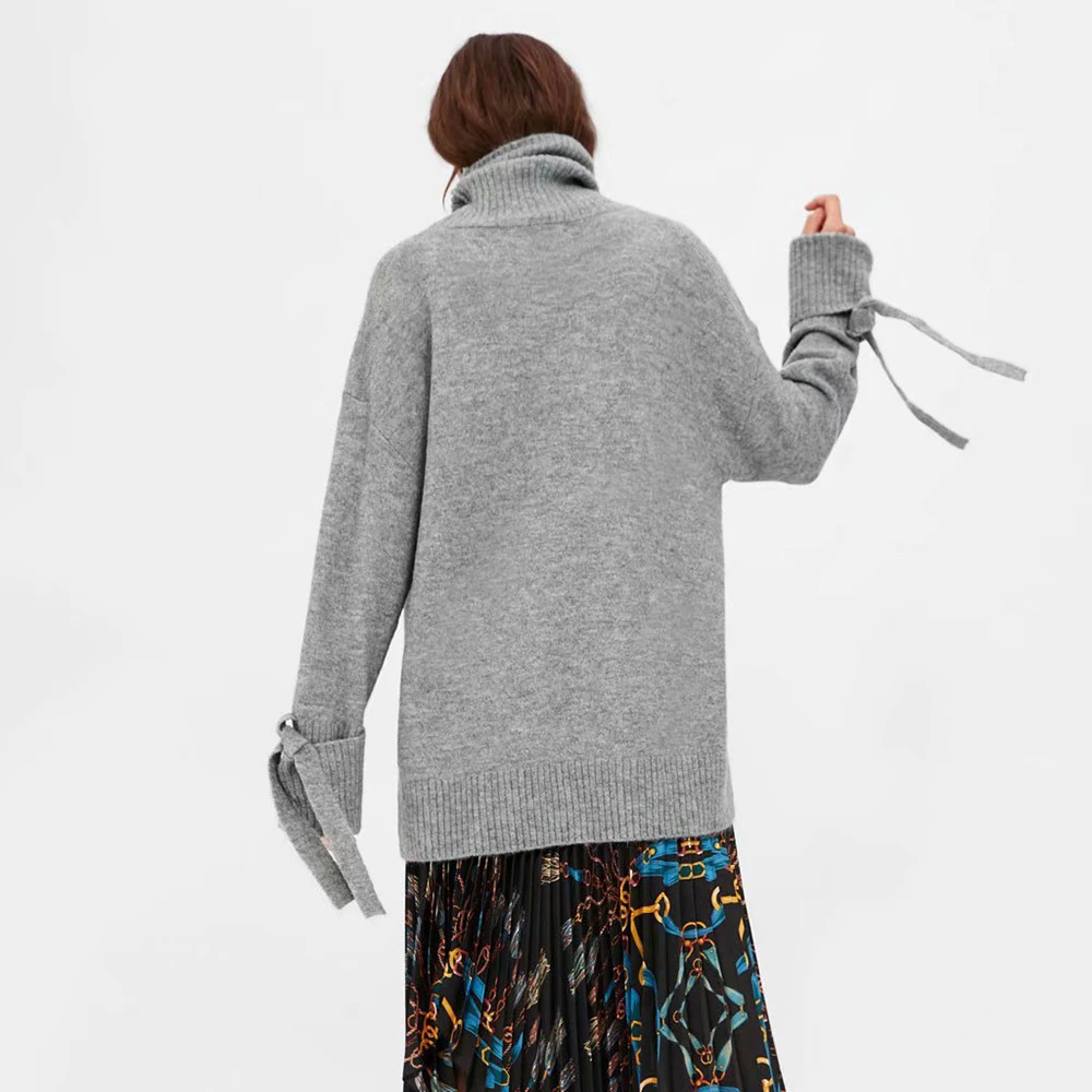 Женский Теплый вязаный свитер ZA мягкий с высоким воротником и бантом Осень-зима