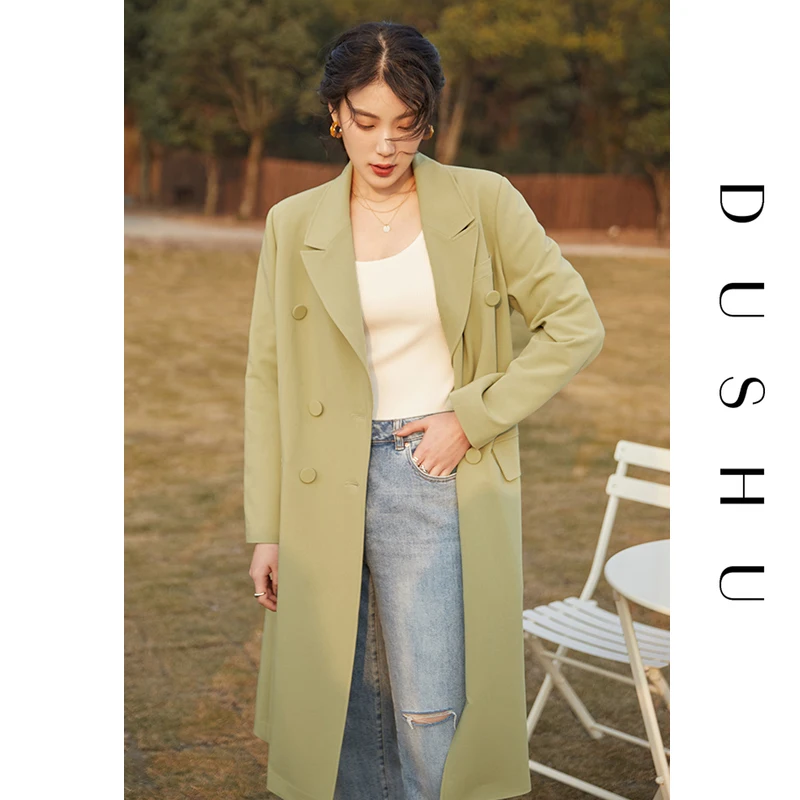 

DUSHU Plus size elegant green long trench coat Women belt casual spring coat windbreaker Female double breasted autumn overcoat