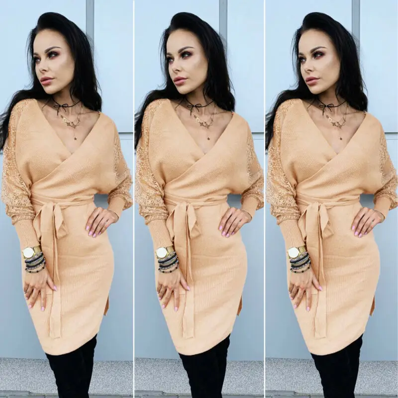 Женское трикотажное платье свитер винтажное Клубное цвета хаки с длинным