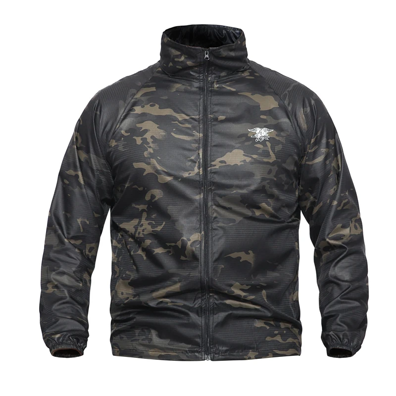 Black camo Летняя тактическая камуфляжная куртка для мужчин, водонепроницаемый тонкий дождевик с капюшоном, ветровка в стиле милитари, темно-синяя печать, легкая кожаная куртка, S-4XL - Цвет: Black camo