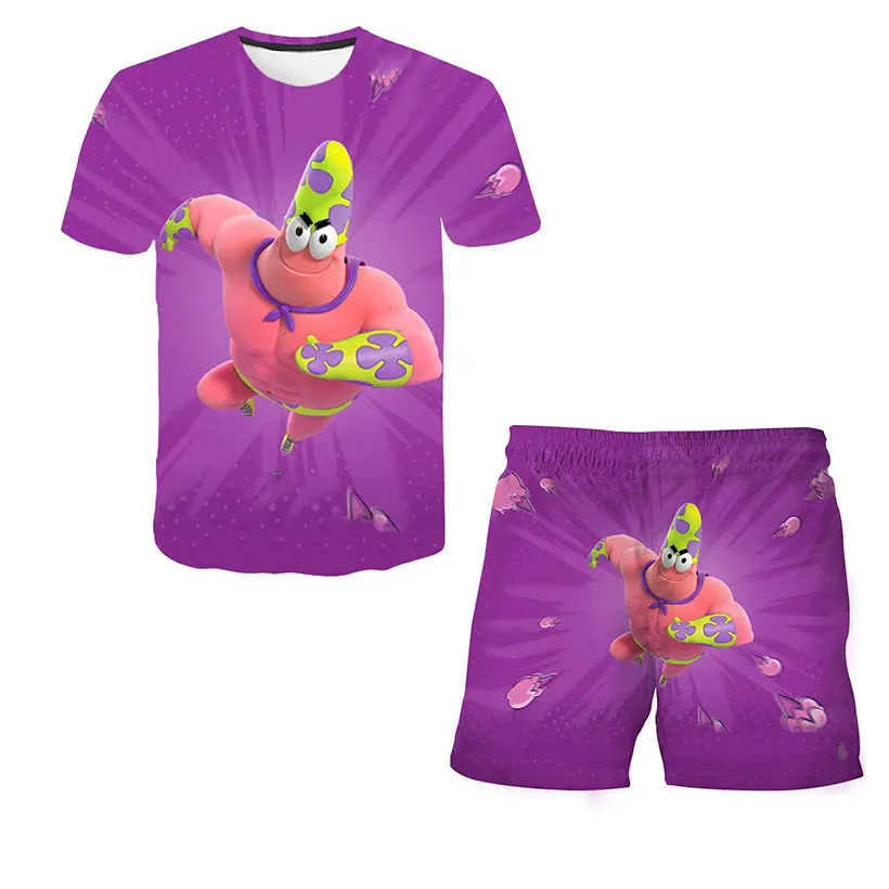 

Hot Sale Summer Harajuku Children's T-shirt Set Boys and Girls Tops T-shirts + Pants Cartoon Star Patrick Pattern Anime Clothing