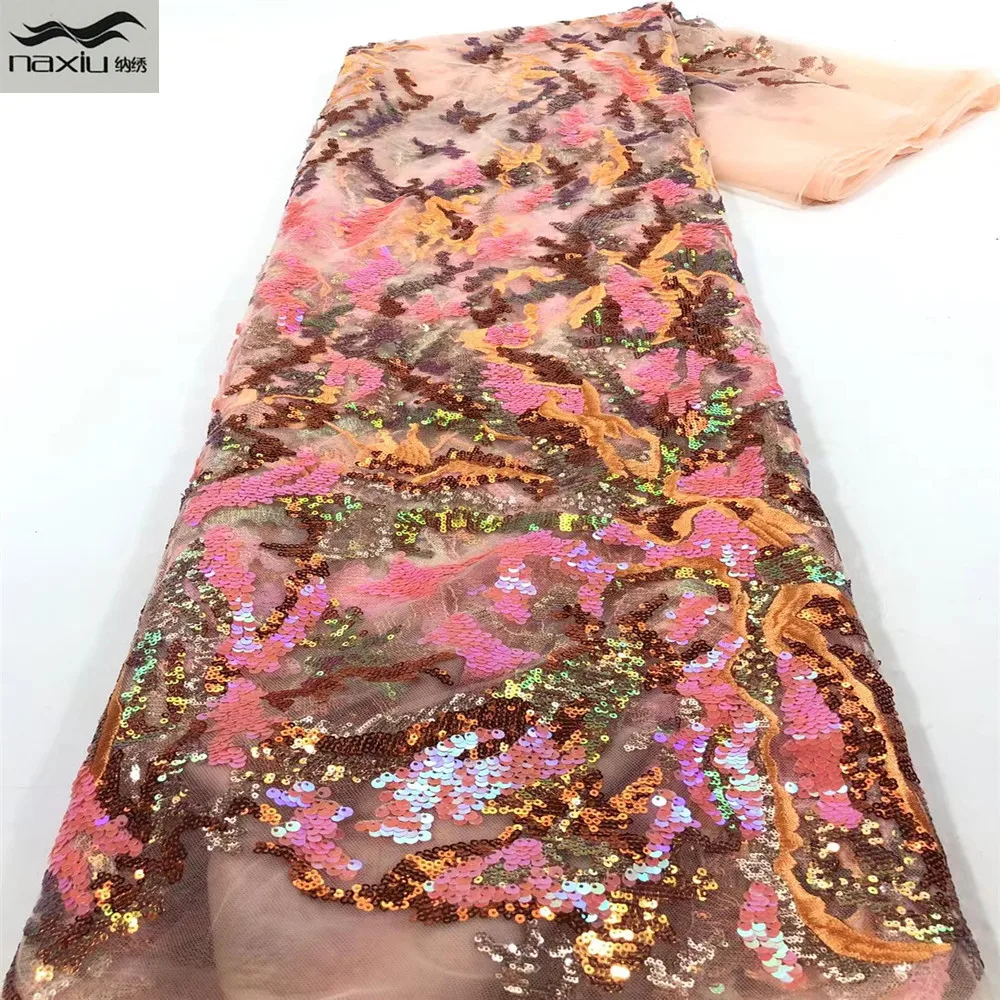 

Madison 2021 High Quality Fashion African Embroidered French Net Lace Fabric/African Net Lace With Sequins 5yds/pcs