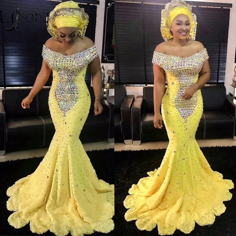 

Aso Ebi Yellow Crystal Prom Dresses Gonna Long Mermaid Evening Gowns African Formal Party Dress Plus Size Lace Up Vestido Longo