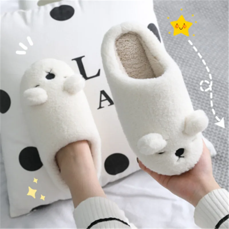 Милые зимние домашние тапочки с рисунком медведя Теплые плюшевые для женщин и
