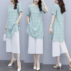 Костюм спортивный женский из хлопка и льна, розовый, с принтом, Длинный топ + широкие брюки, размера плюс