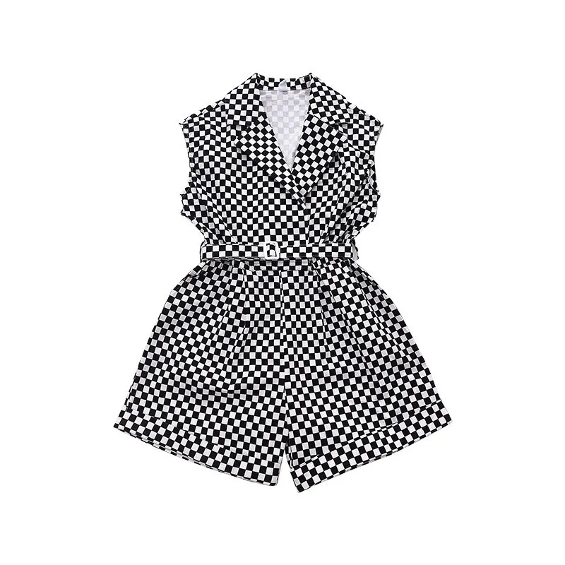 

Girls' Plaid Jumpsuit 2021 Summer New Cool Girl Sleeveless Waist Casual Wide Leg Shorts