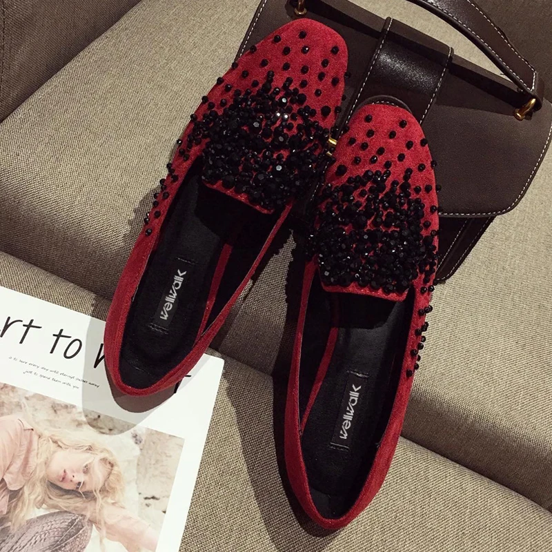 Туфли на плоской подошве со стразами женские лоферы с круглым носком модные