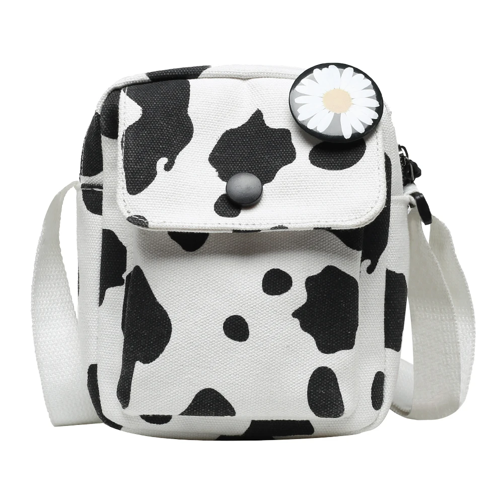 

Casual Women Canvas Crossbody Bag Cow Printed Street Small Shoulder Handbags Youth Ladies Simple Versatile Bag