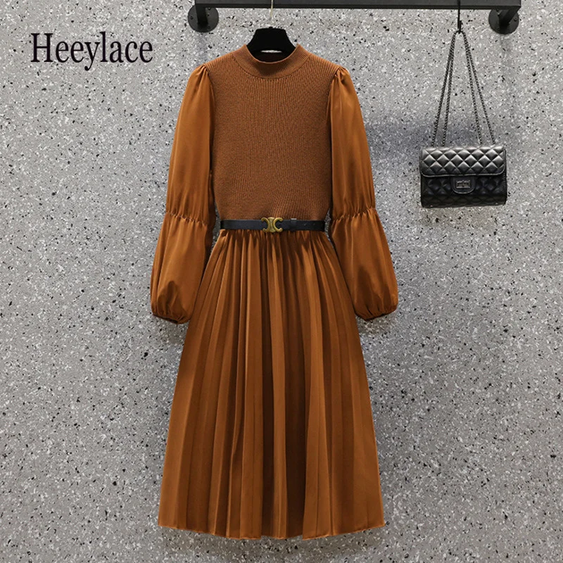 

Fall Winter Knitted Patchwork Sweater Dress French Vintage High Waist A-line Vestidos Korean Casual Fake Two Piece
