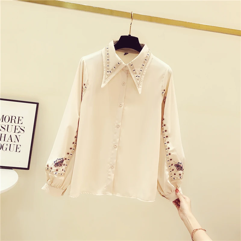

2020 Chiffon White Shirt Office Lady Working Occasion Daily Wear Casual Tops Basic Women Embroidery Blouse