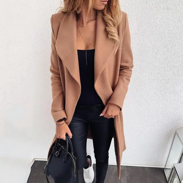 

Autumn and Winter 2021 Ladies Elegant Long Wool Coat with Belt Pure Color Long Sleeve Coat Women's Coat