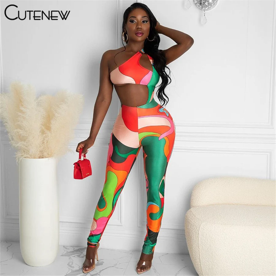 

Cutenew Sexy Hollow Out One Shoulder Printing Rompers Women Sleevelss Skinny Slim Shaped Waist Streetwear Lady One Piece Outfits