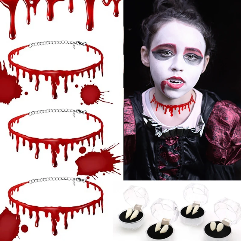 

Halloween Blood Necklace Vampire Teeth Red Blood Drip Chokers Halloween Party DIY Decorations Horror Props Kids Toy Gift