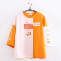 japan style sweet contrast color orange print o neck short sleeve women t shirt female casual loose patchwork tops tees