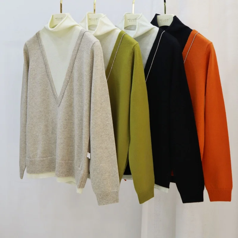 

All Wool Autumn and Winter New Hemmed Half-Turtleneck Fake Two-Piece Style Short Color Stitching Knitwear Women's Pullover