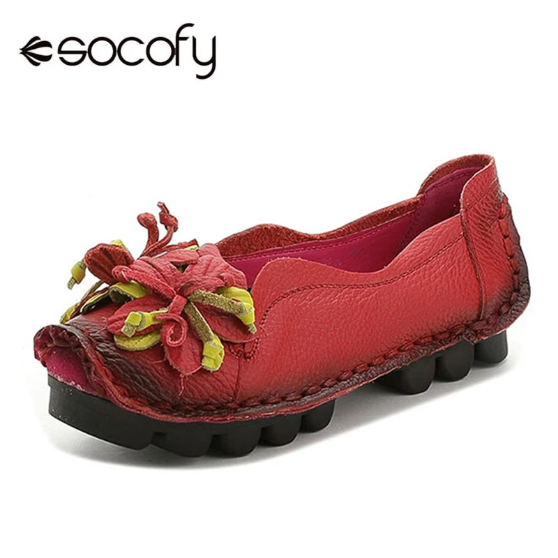 Socofy Vintage Flower Genuine Leather Flats Women Shoes Casual Slip On Moccasins Loafers Retro Soft Sole Ladies Shoes Flat