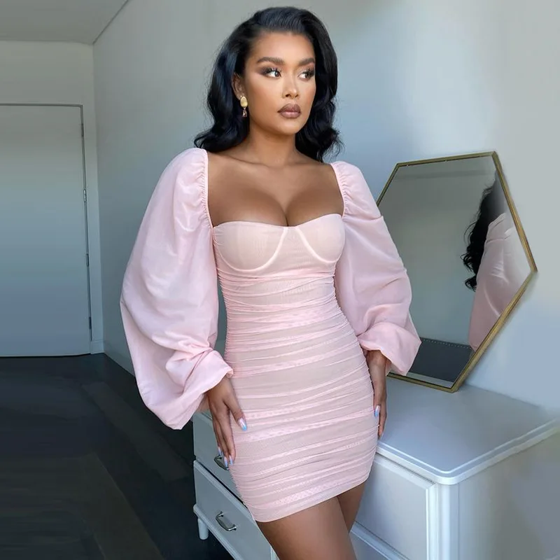 

Women Bodycon Mini Dress Sexy Club Wear Long Sleeve Strapless Summer Pink Dress Party Robe Femme y2k Vestidos White Black S M L