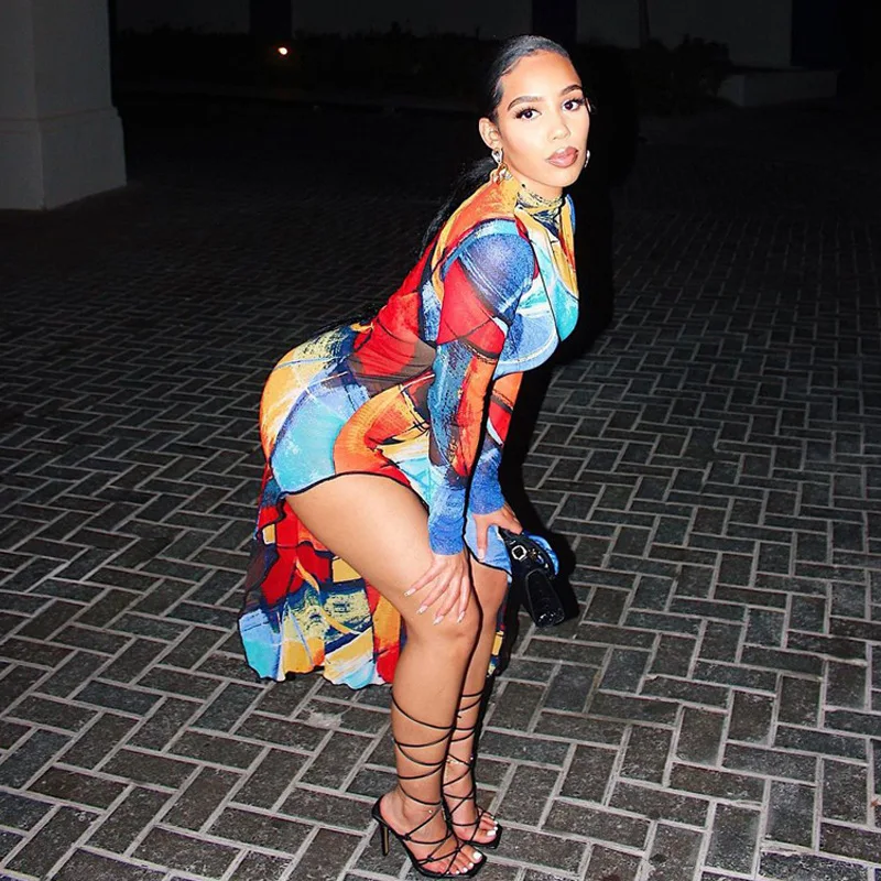 

2022 Spring And Summer Women's Fashion Colorful Dress Long Sleeve High Collar Casual Loose Holiday Midi Dress WD014