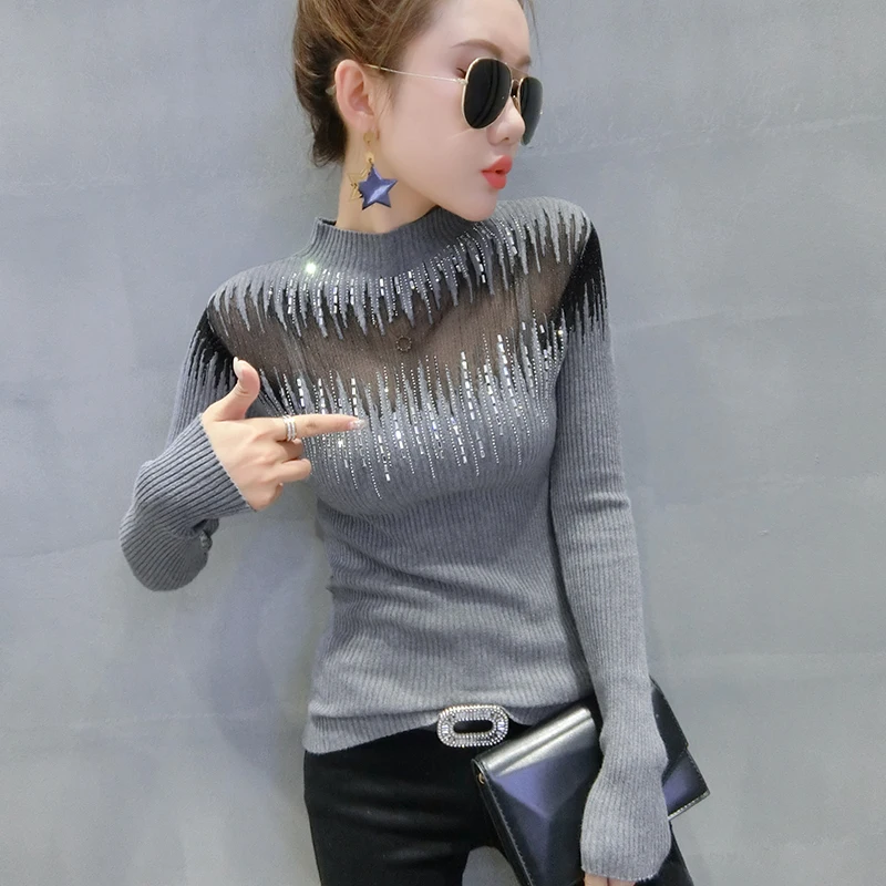 

Autumn and winter new semi-high collar fashion hollow rhinestone sweater women's tight sexy perspective sweater bottoming jacket