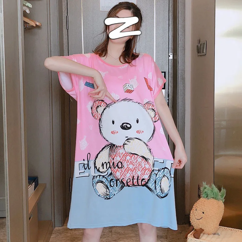 

Loose Cartoon Sleepwear Dress Sexy Lingerie Milk Silk Cute Animal Printing Nightgrown Summer Thin Female Silky Nighty Underwear