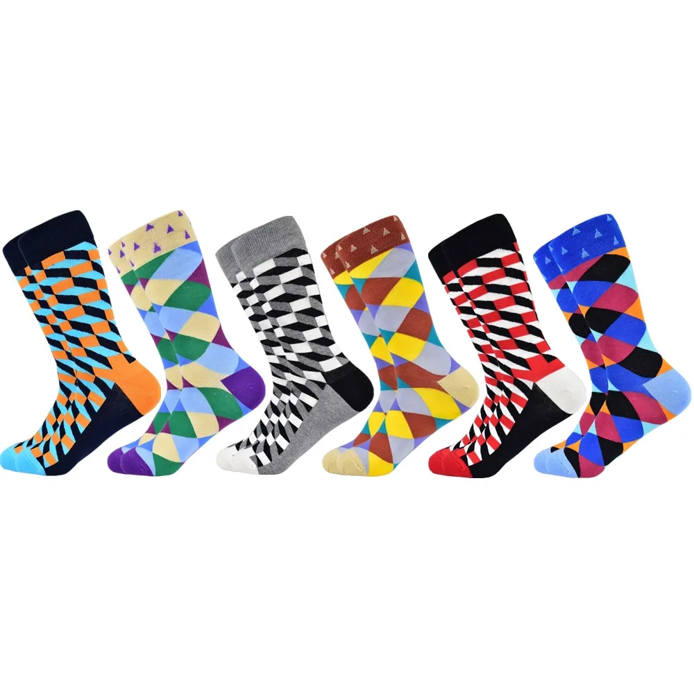 6 pairs socks-10 Популярные мужские носки из чесаного хлопка подарки для мужчин клетчатые геометрические повседневные мужские носки Цветные счастливые мужские носки - Цвет: 6 pairs socks-10