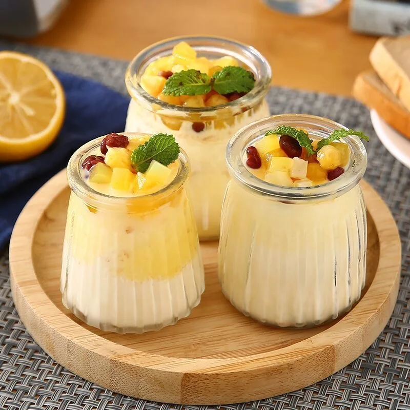 

2pcs Transparent Glass Yogurt Pudding Cup with Lid Jelly Ice-cream Milk Microwave Bottle Dessert Baking Jar Kitchen Storage Pack