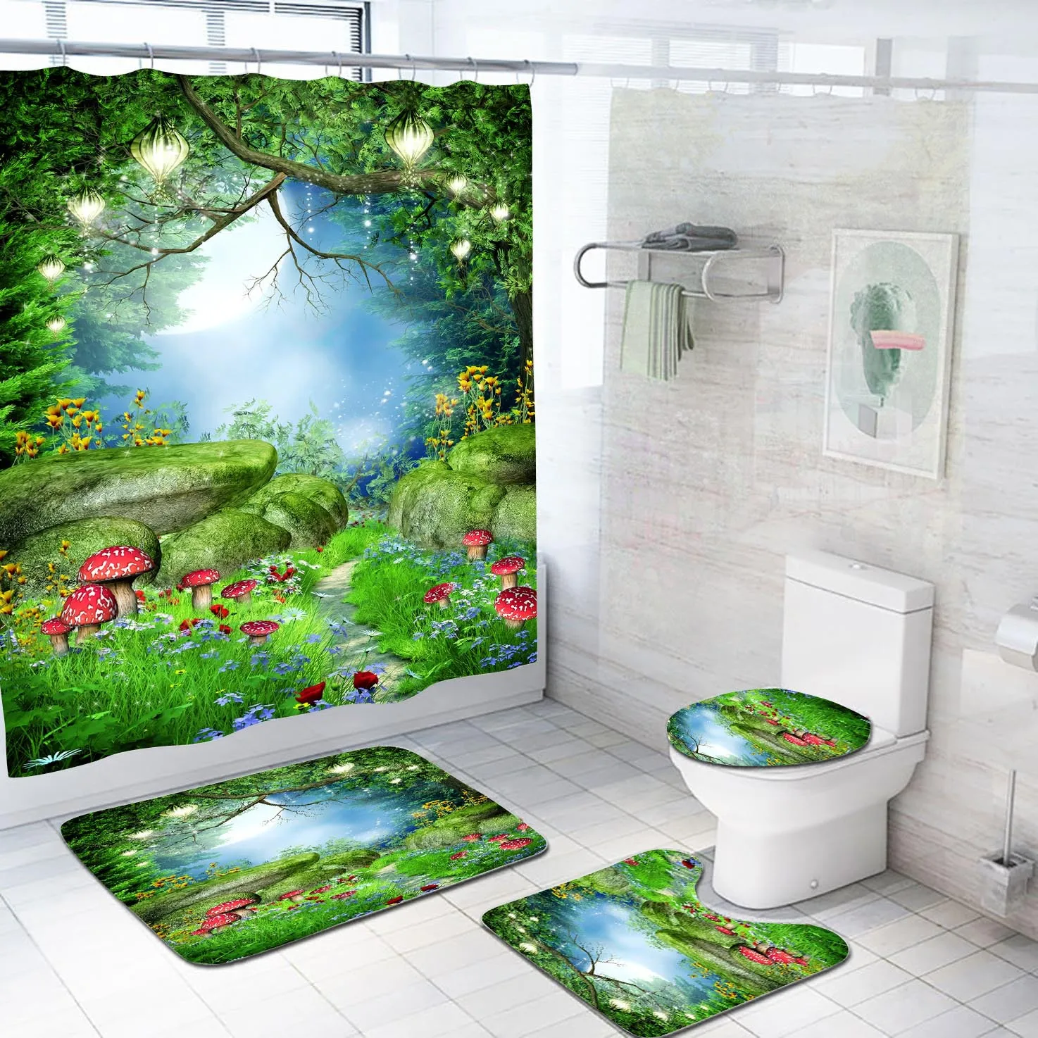 

Landscape Shower Curtains Flower Plant Mushroom Night View Fairy Tale Bathroom Decor Home Bathtub Waterproof Curtain Rugs Sets