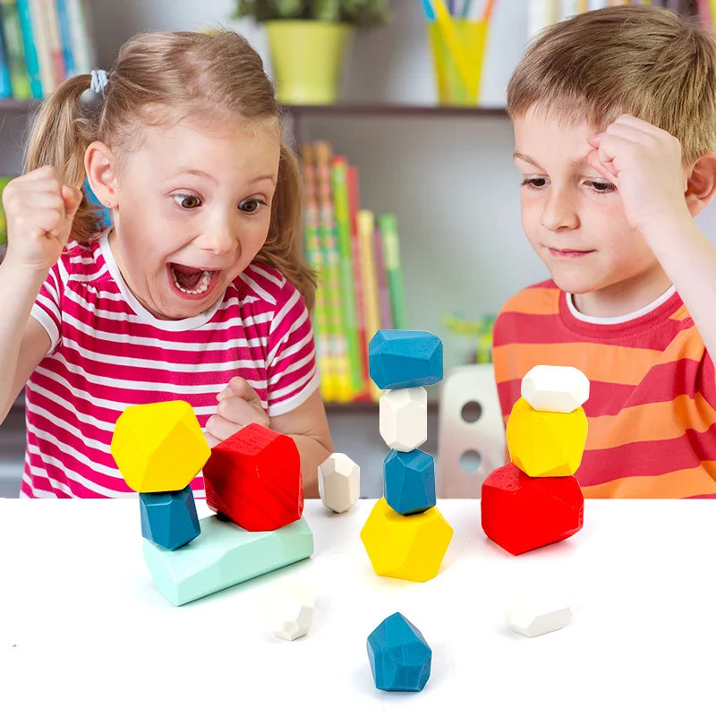 

15pcs Baby Toy Wooden Building Block Colored Stone Balancing Creative Educational Toys Nordic Style Stacking Game